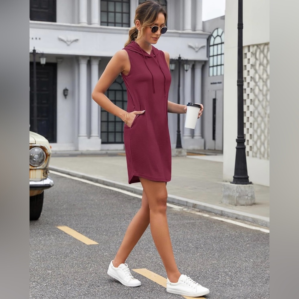 Burgundy Womens Summer Dresses 2025 Casual Sleeveless Dress Hoodie Mini Dress
